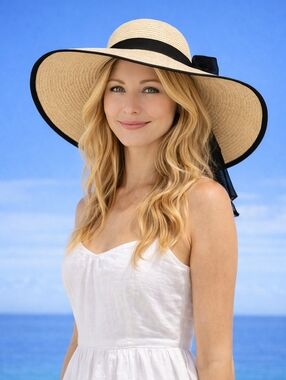 🆕️ 👒 PACKABLE NATURAL COLOUR WITH BLACK BOW SUN HAT - FLOPPY BEACH HAT👒